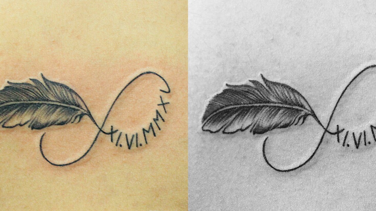 Feather Birth Date In Roman Characters With Infinity Tattoo
