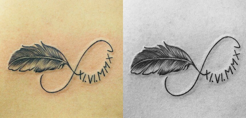 Feather & Birth Date in Roman Characters with Infinity Tattoo