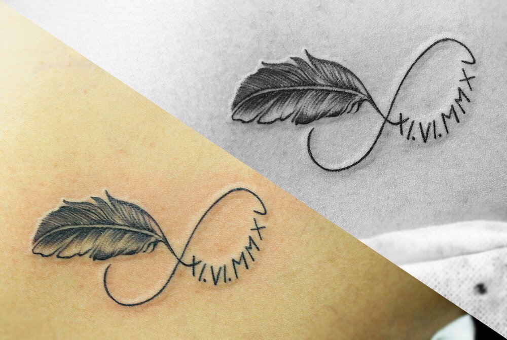 Feather & Birth Date in Roman Characters with Infinity Tattoo
