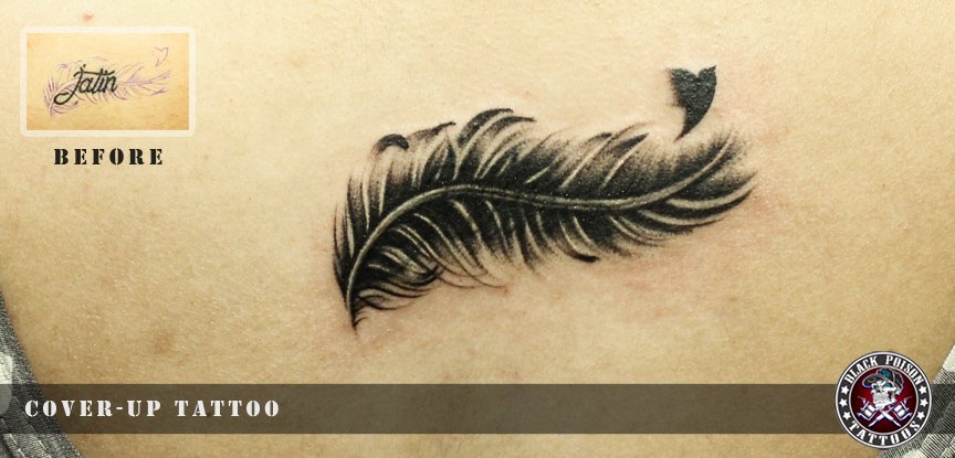Amazing Cover-Up Bird Feather Tattoo Inked By Black Poison Tattoos