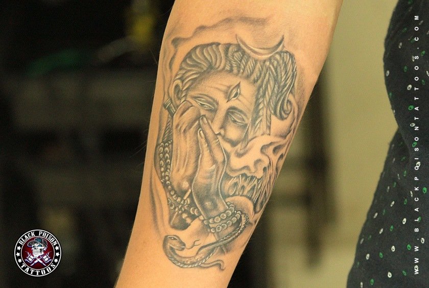 Black Shiva Trishul Tattoo On Man Forearm By Parmeet Singh