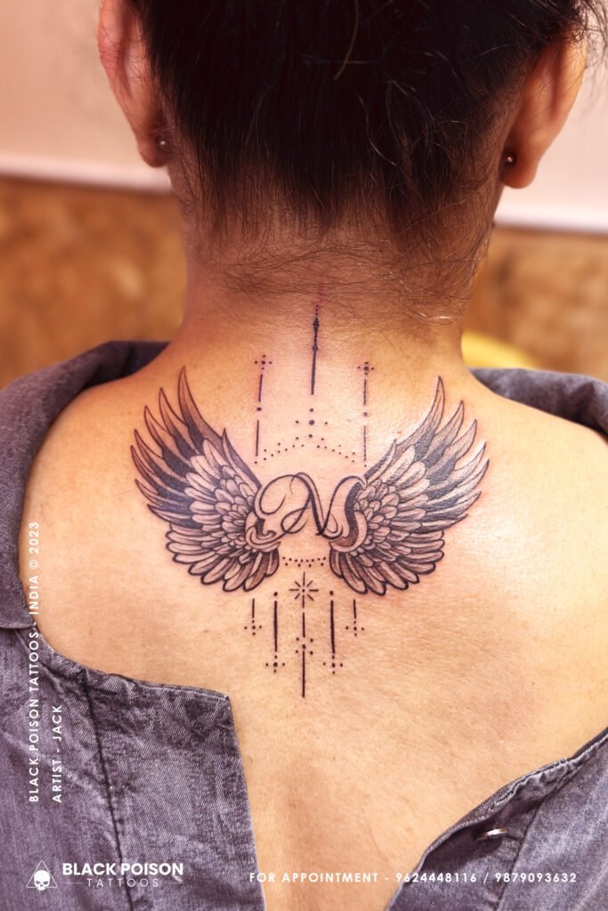 Wings Initials Tattoo A Story Unfolded On Skin   Wings And Initials Tattoo Girl Back 683x1024 