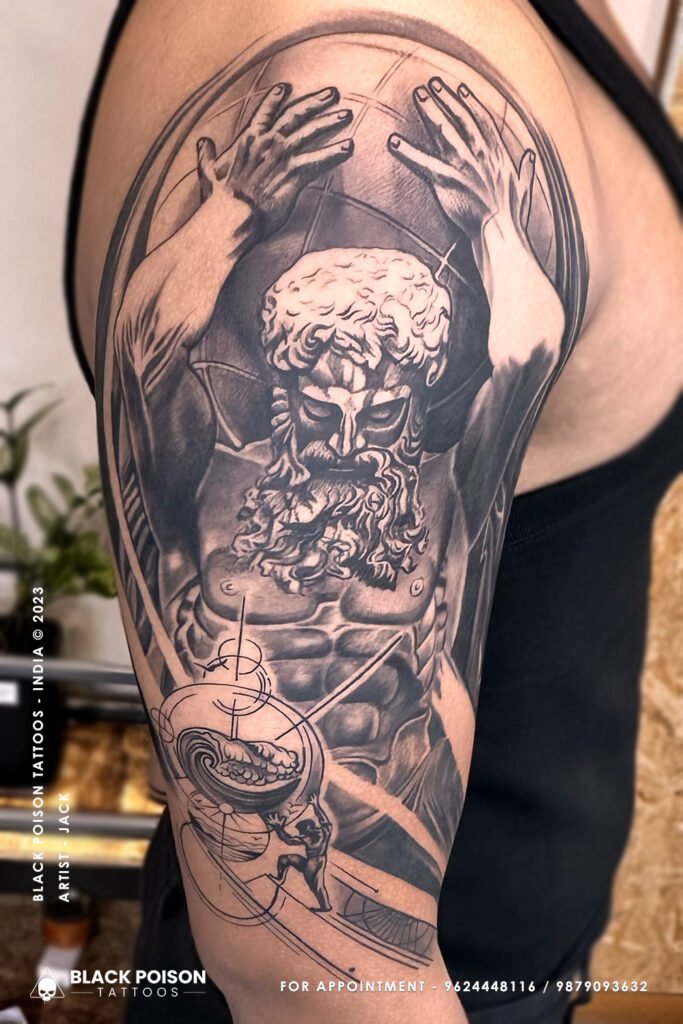 Black and Gray Realism Atlas Shoulder Tattoo A Symbol of Strength