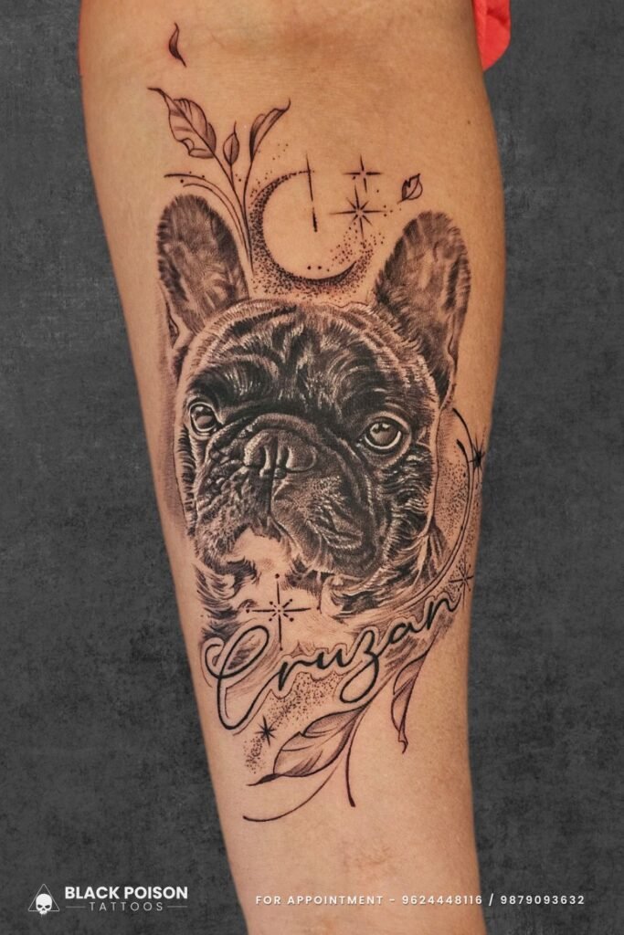 Realistic French Bulldog Tattoo with Custom Name – Pet Portrait Tattoo