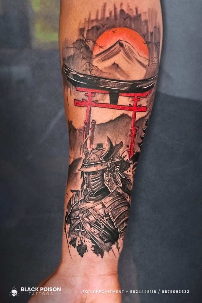 Realistic Samurai Tattoo with Torii Gate and Mount Fuji – Japanese Warrior Ink