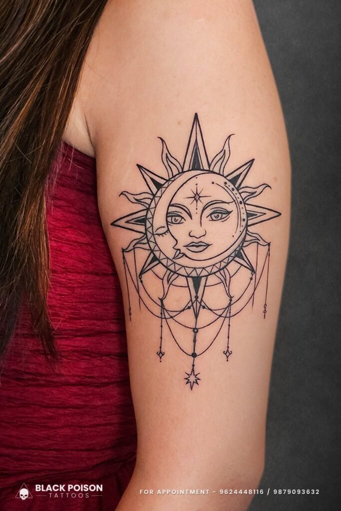 Sun and Moon Tattoo with Ornamental Design – Black Poison Tattoos