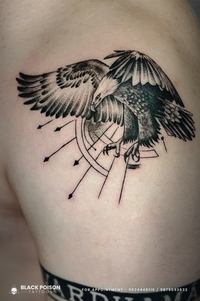 Majestic Eagle Tattoo with Geometric Arrows on Shoulder