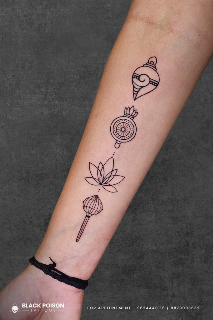 Vishnu Symbols Tattoo - Shankh, Chakra, Lotus & Gada Design
