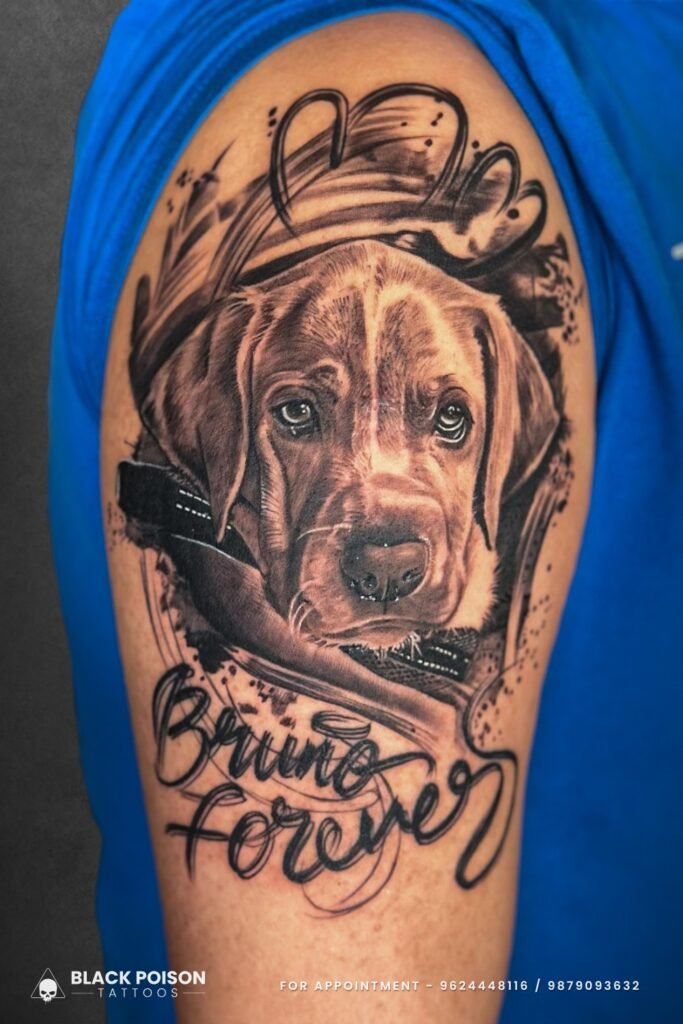 Realistic Bruno Labrador Dog Memorial Tattoo on Upper Arm