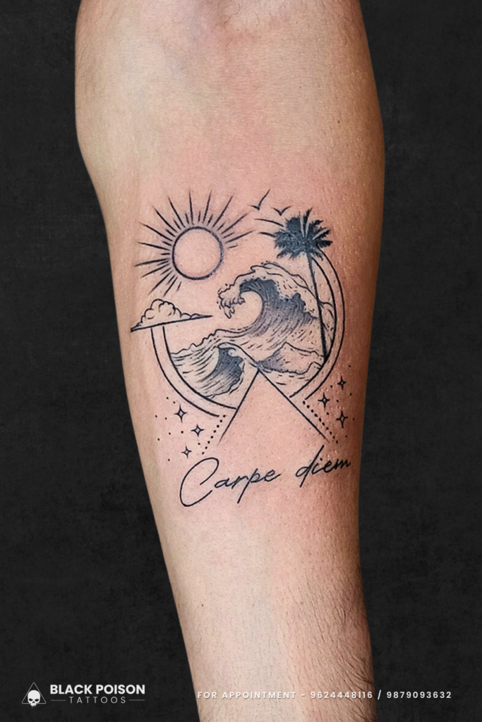 Carpe Diem Tattoo Design with Ocean Waves, Sun, and Palm Tree