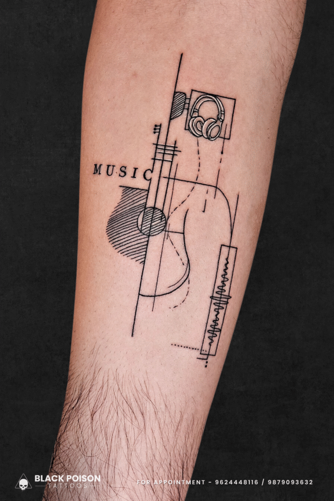 Geometric Music Tattoo with Guitar, Headphones, and Soundwave Design