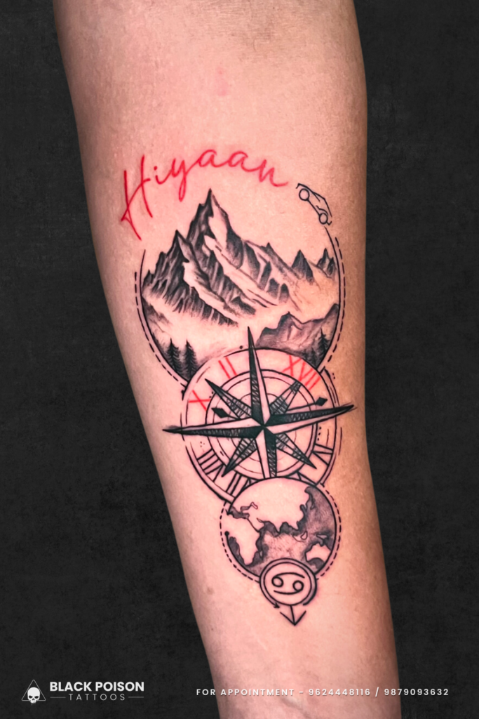 Mountain Compass Tattoo with Name Hiyaan on Forearm