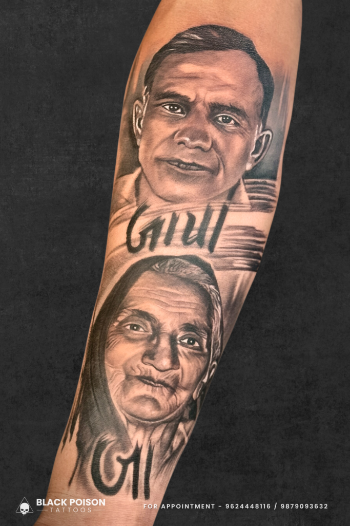 Realistic Mom Dad Tattoo with Gujarati Names on Forearm