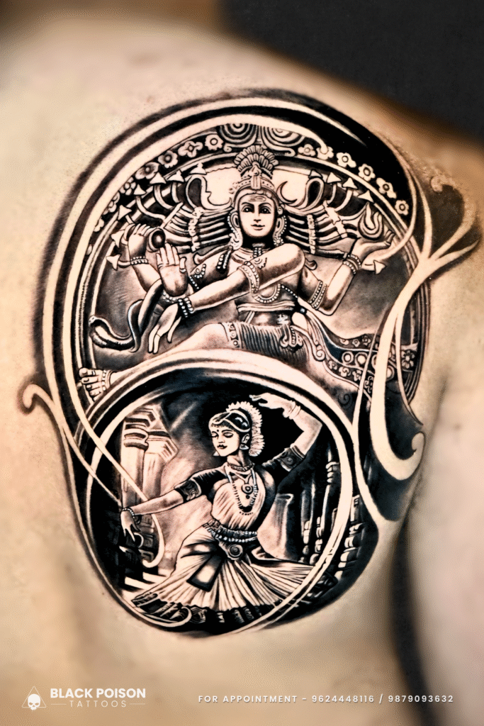 Lord Shiva and Bharatanatyam Dancer Tattoo Design on Shoulder