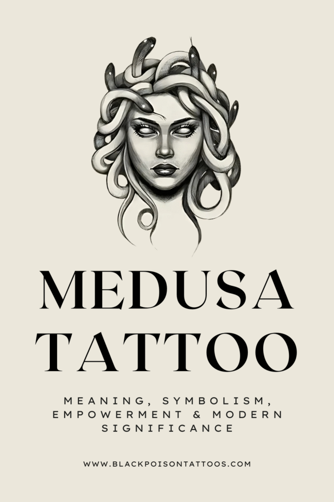 Medusa tattoo on forearm with snake hair and flowers, symbolizing strength and beauty