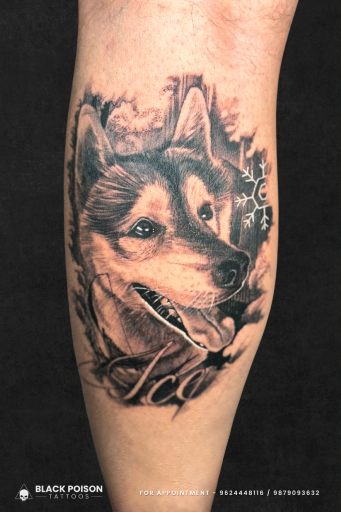 Realistic Husky Tattoo with Snowflake and Script on Leg