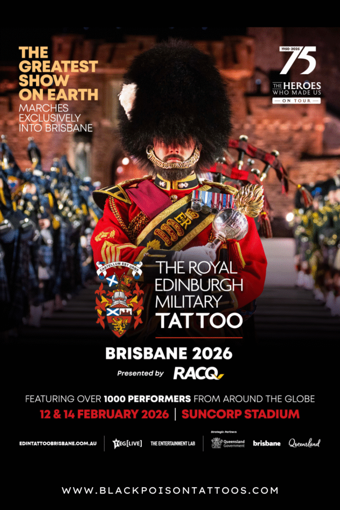 Massed military bands and dancers performing at Suncorp Stadium for the Royal Edinburgh Military Tattoo Brisbane 2026