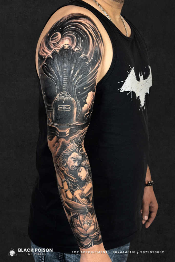 Full Sleeve Tattoo of Shiva and Shakti with Cosmic and Serpent Design