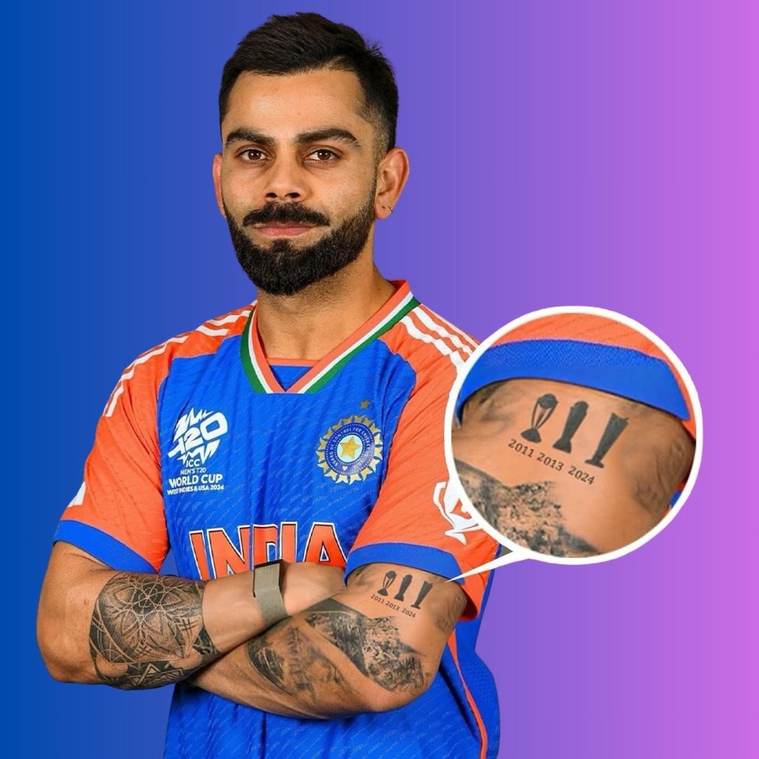 Virat Kohli’s arm tattoo featuring three trophy icons with the years 2011, 2013, and 2024