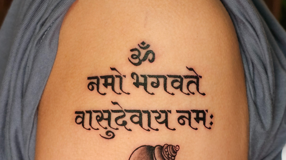ॐ नमो भगवते वासुदेवाय नमः Tattoo with Shankh on Arm - Spiritual Tattoo Idea