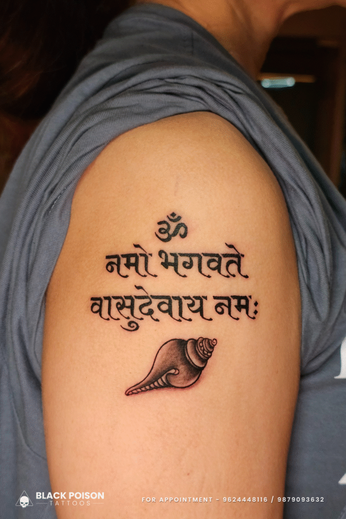Om Namo Bhagavate Vasudevaya Namah Tattoo with Shankh on Arm