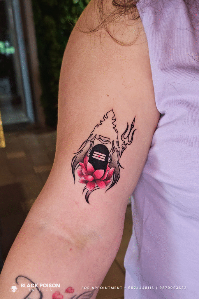 Shiva lotus minimal line art tattoo on upper arm in Ahmedabad