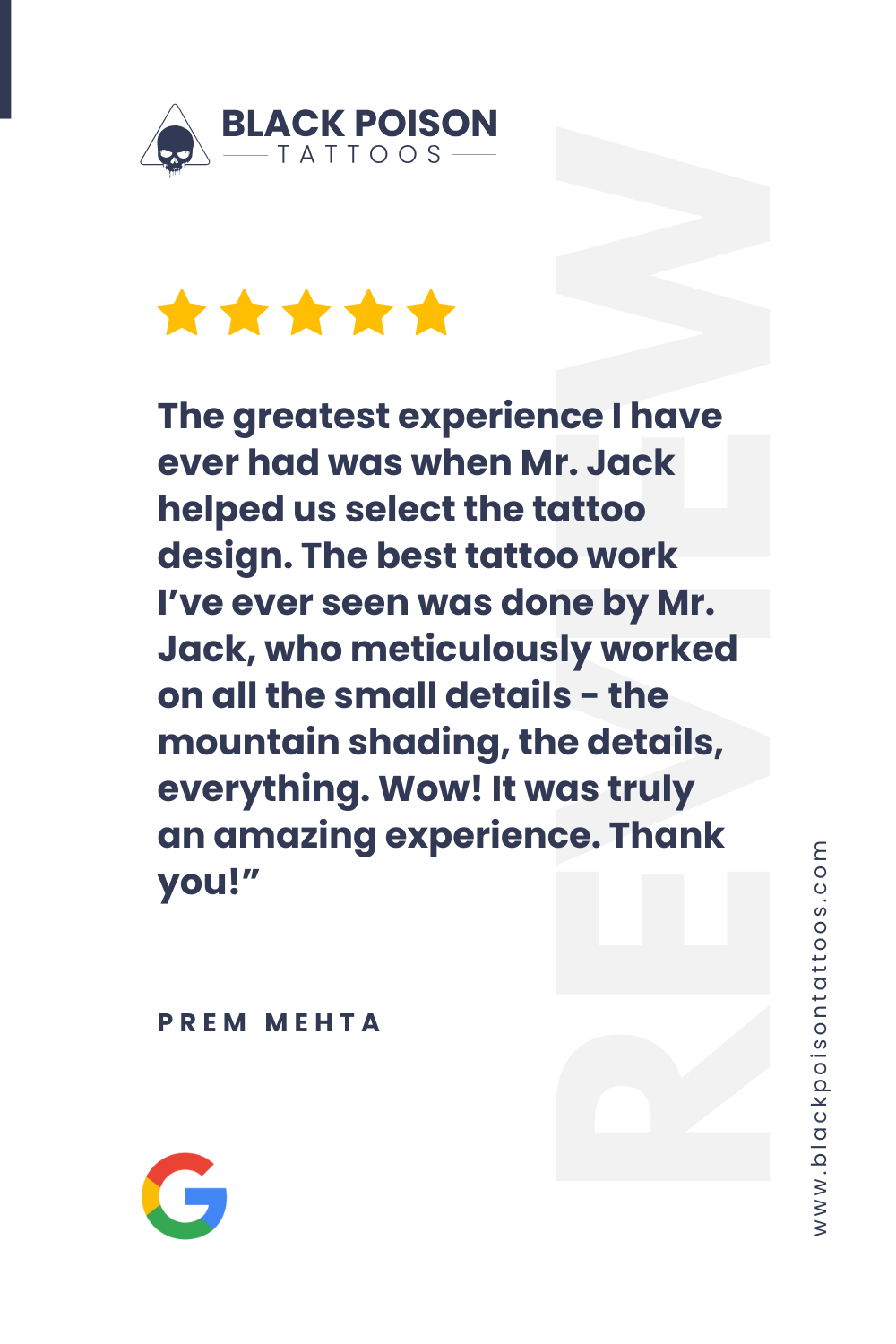 Prem Mehta's 5 Star Review for Black Poison Tattoos