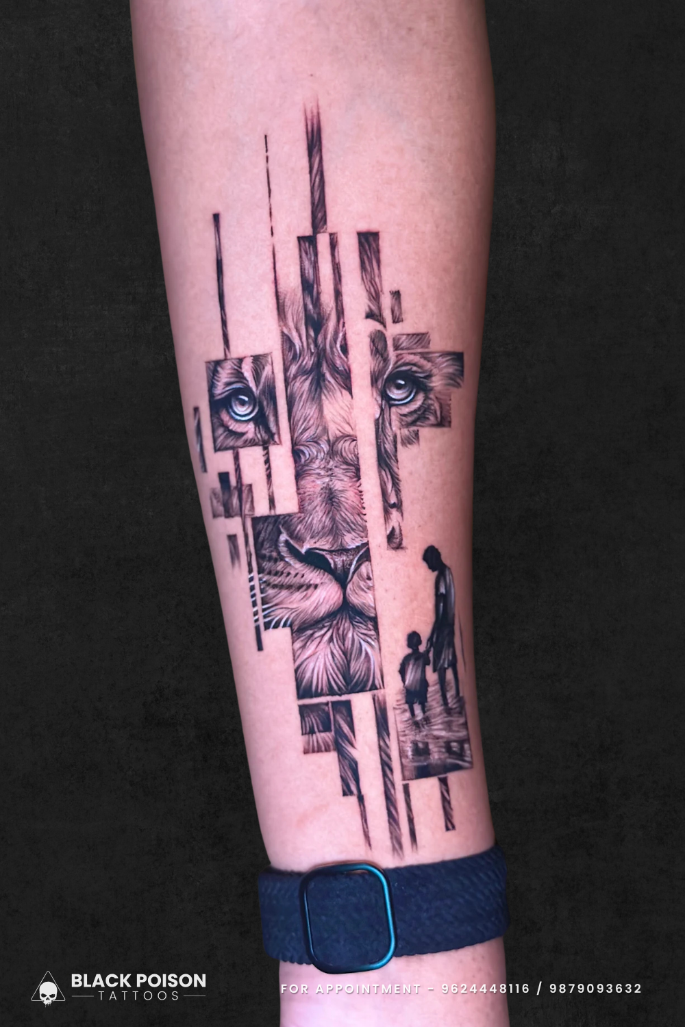 Geometric lion tattoo on forearm in black and grey by Black Poison Tattoos Ahmedabad
