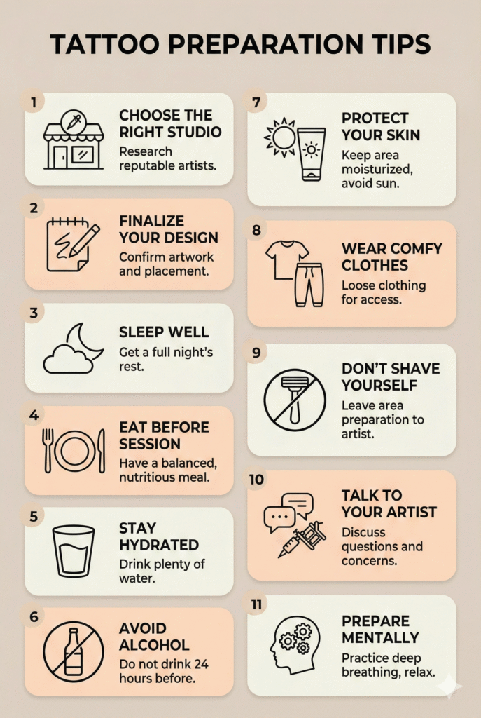 tattoo preparation tips infographic showing steps to prepare before getting a tattoo