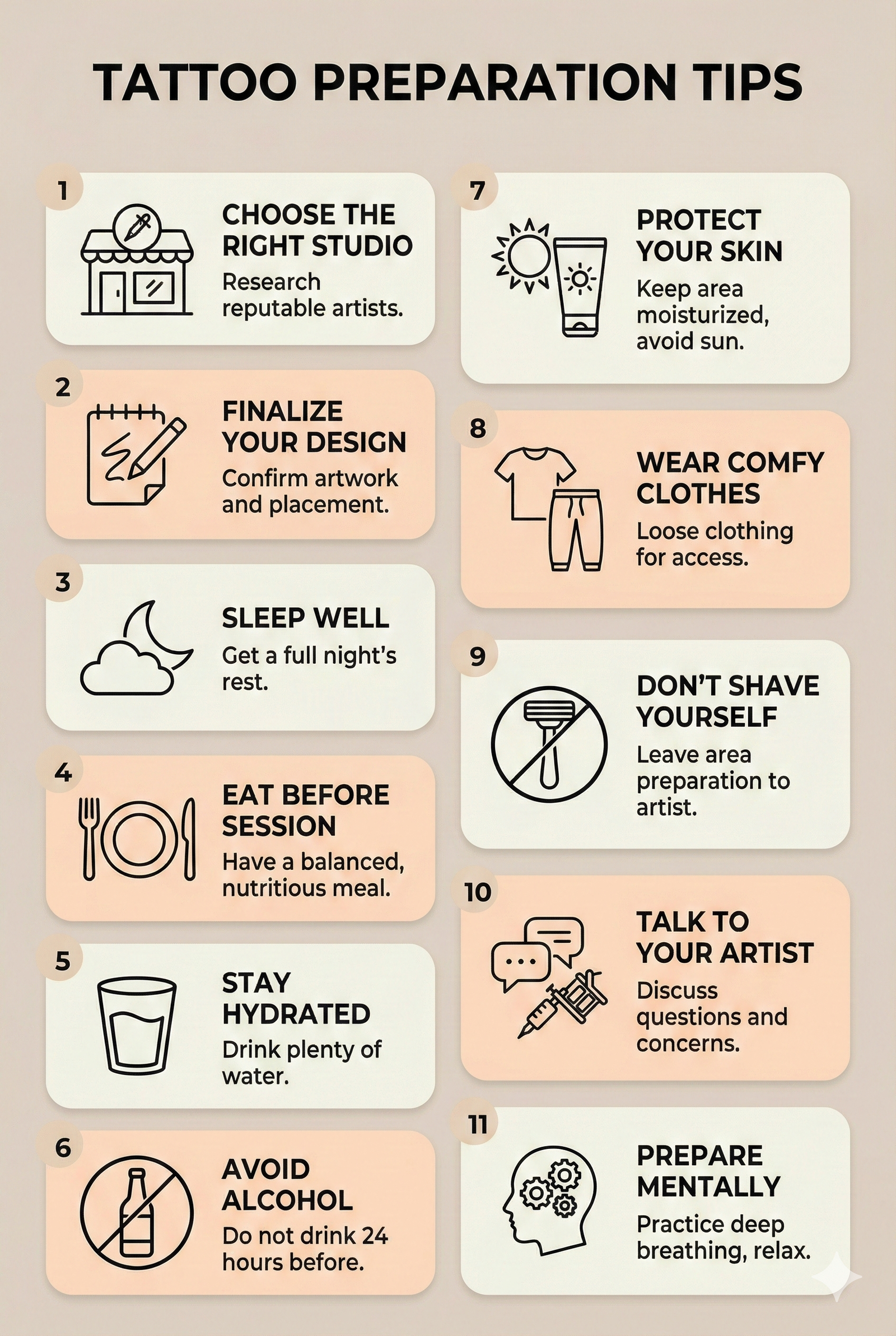 tattoo preparation tips infographic showing steps to prepare before getting a tattoo