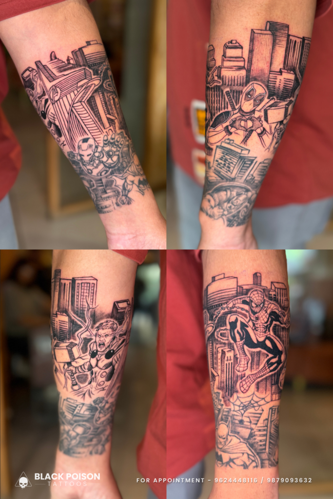 Comic-style Marvel superhero forearm sleeve tattoo by Black Poison Tattoos Ahmedabad