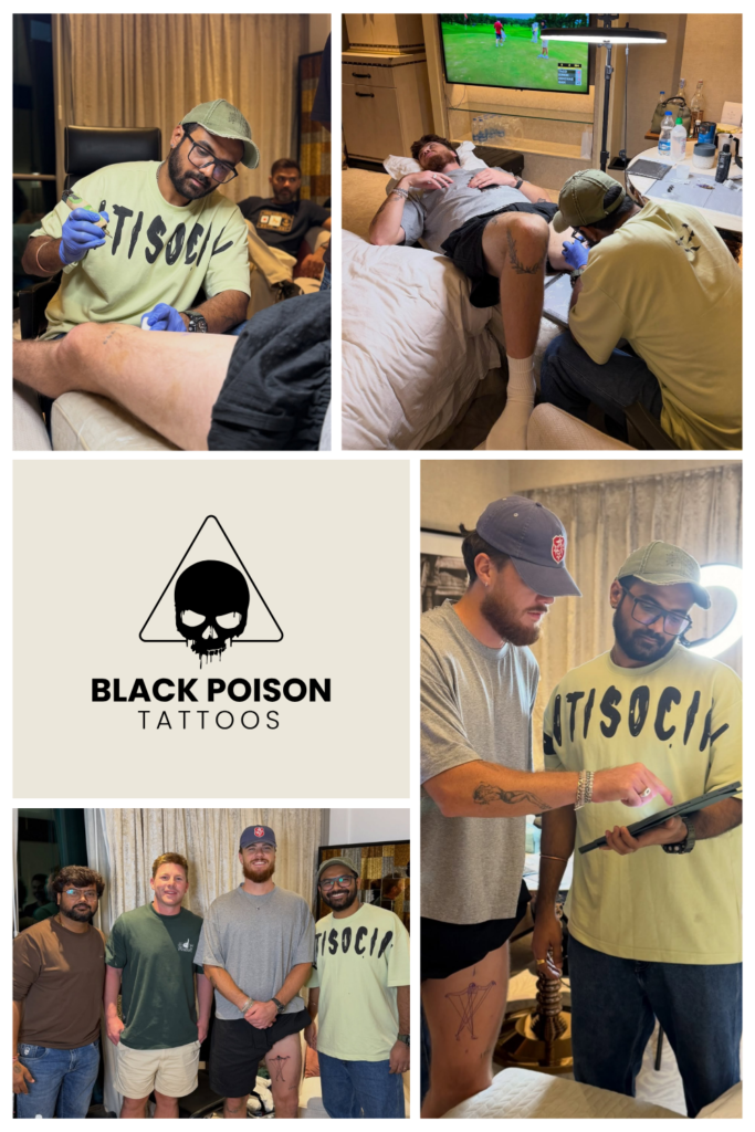 New Zealand cricketer Finn Allen getting a tattoo at Black Poison Tattoos in Ahmedabad.