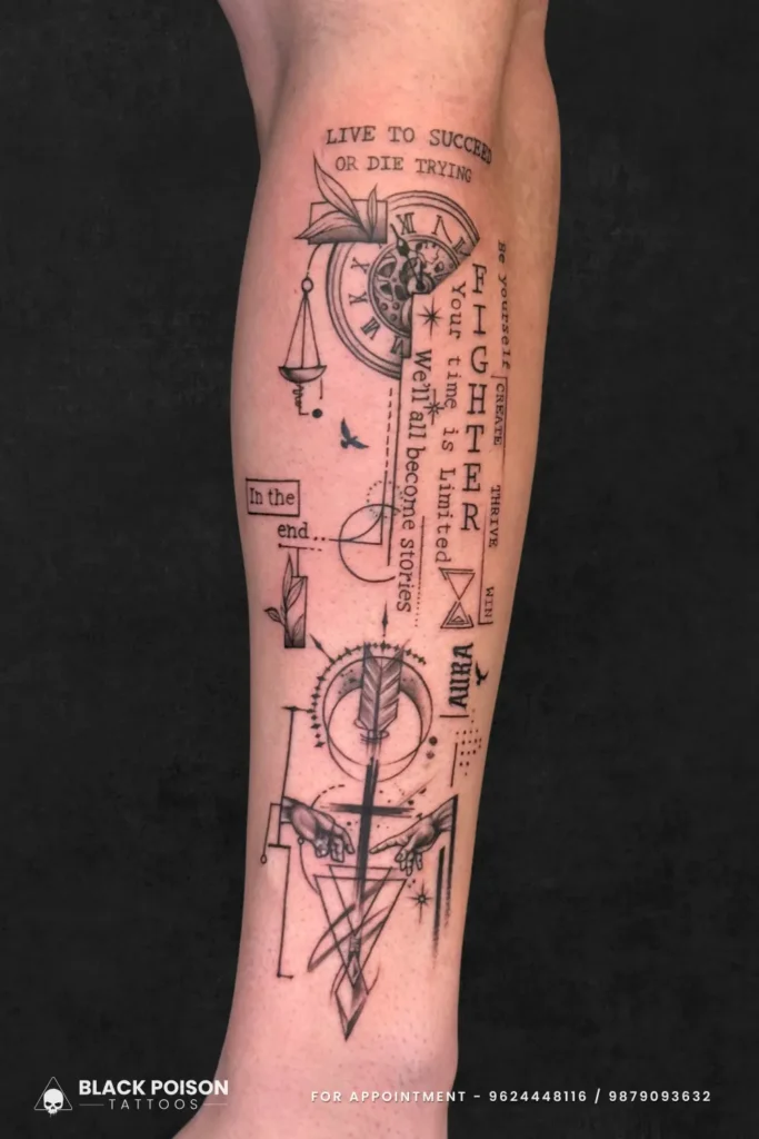 Detailed abstract geometric collage tattoo on the forearm featuring a pocket watch, scales of justice, an arrow, and script lettering by Black Poison Tattoo Studio Ahmedabad.