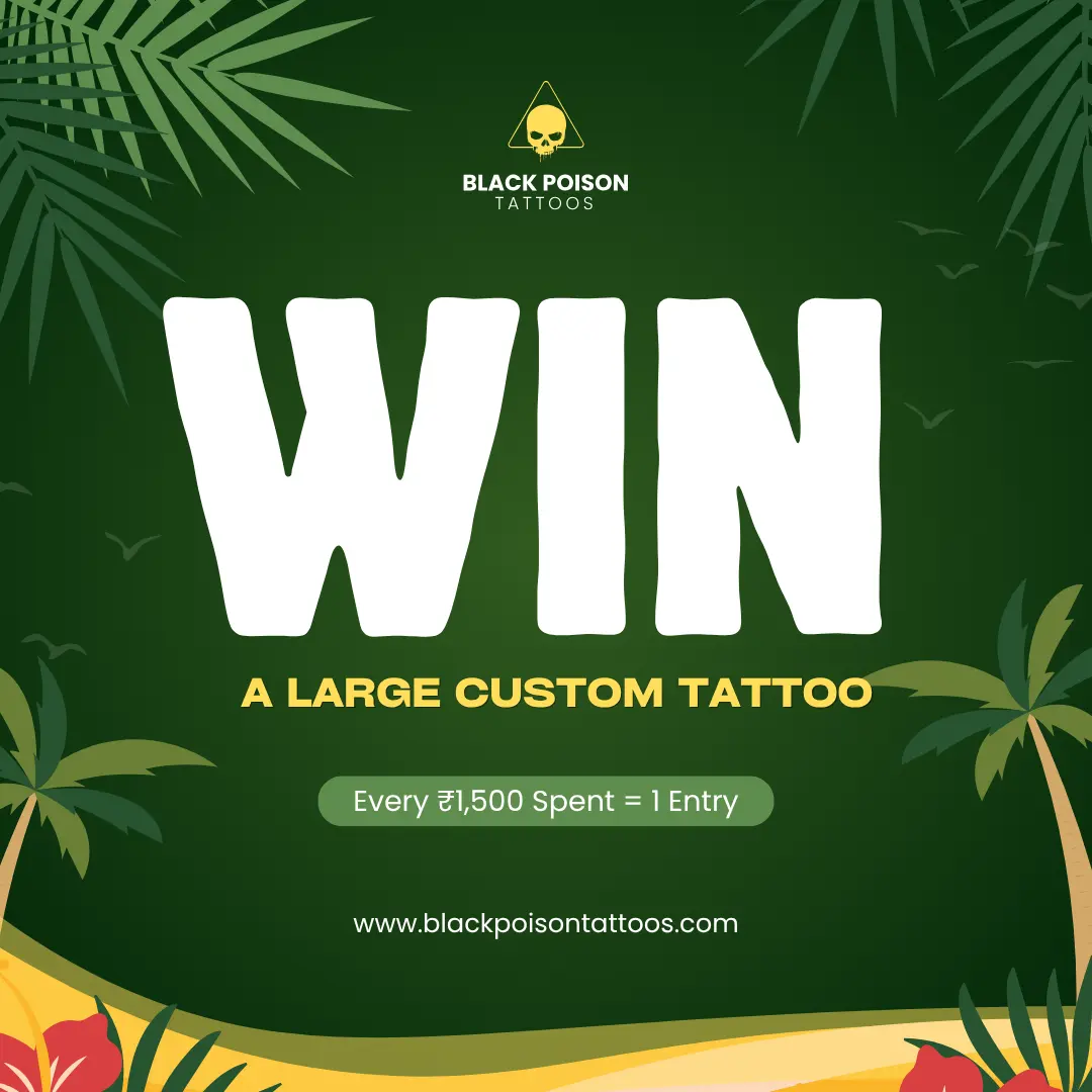 Win a large custom tattoo lucky draw Ahmedabad 2026 Black Poison Tattoos every 1500 rupees one entry