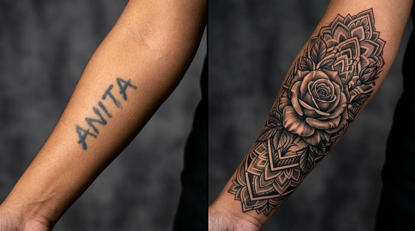 Before and after cover-up tattoo transformation at Black Poison Tattoo Studio Ahmedabad - old faded tattoo replaced with detailed floral design