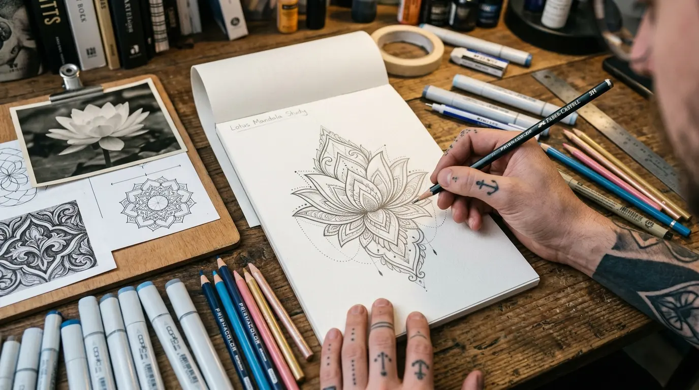 Tattoo artist sketching a custom mandala tattoo design on paper at Black Poison Tattoo Studio in Ahmedabad