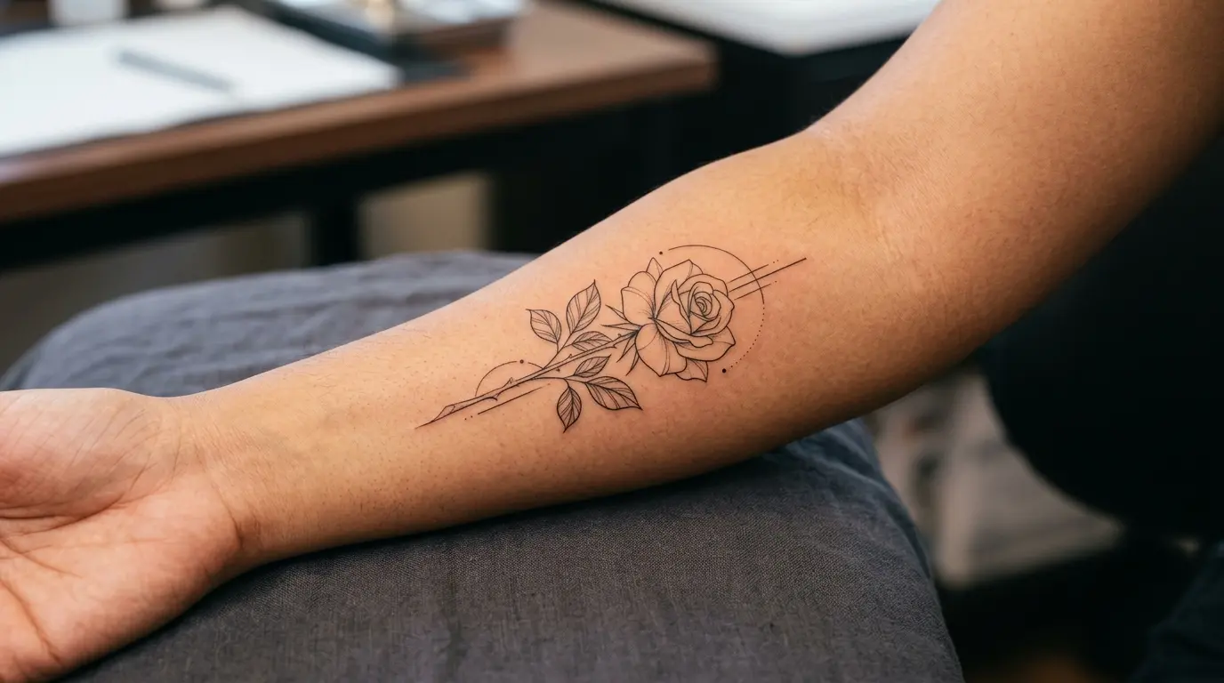 Delicate single-needle fine line botanical tattoo on inner forearm by specialist artist at Black Poison Tattoo Studio Ahmedabad