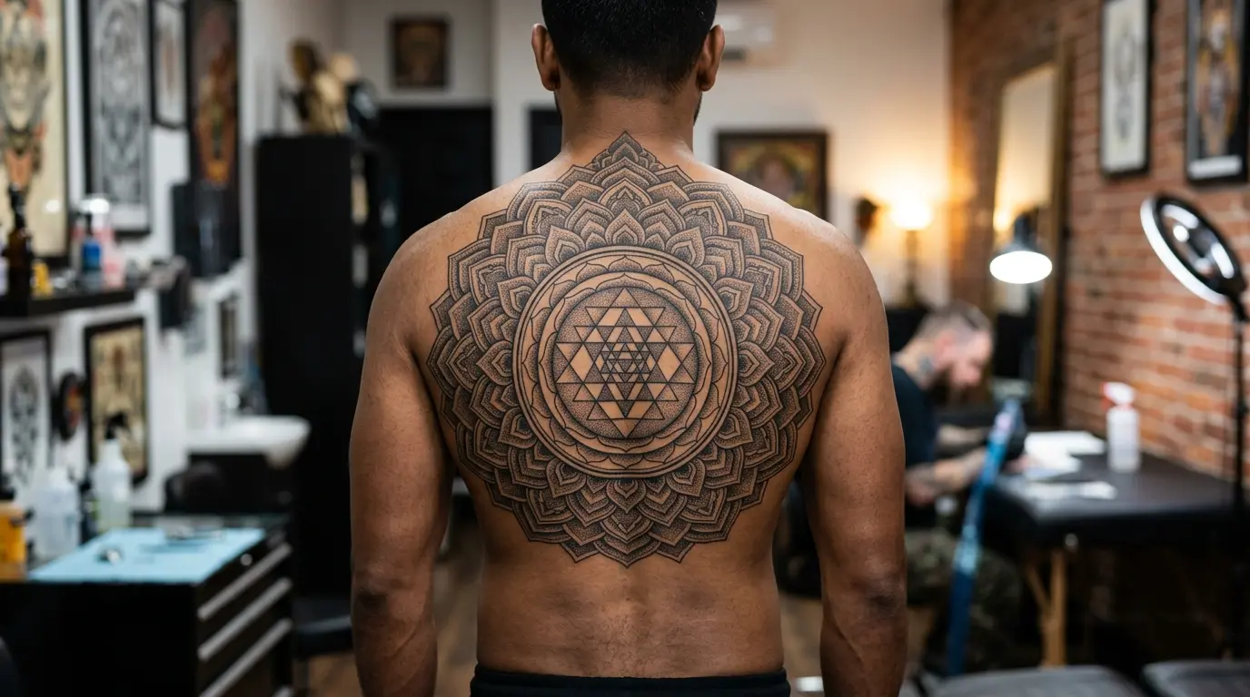 Large symmetrical geometric mandala tattoo on chest with intricate dotwork and sacred geometry by Black Poison Tattoo Studio Ahmedabad