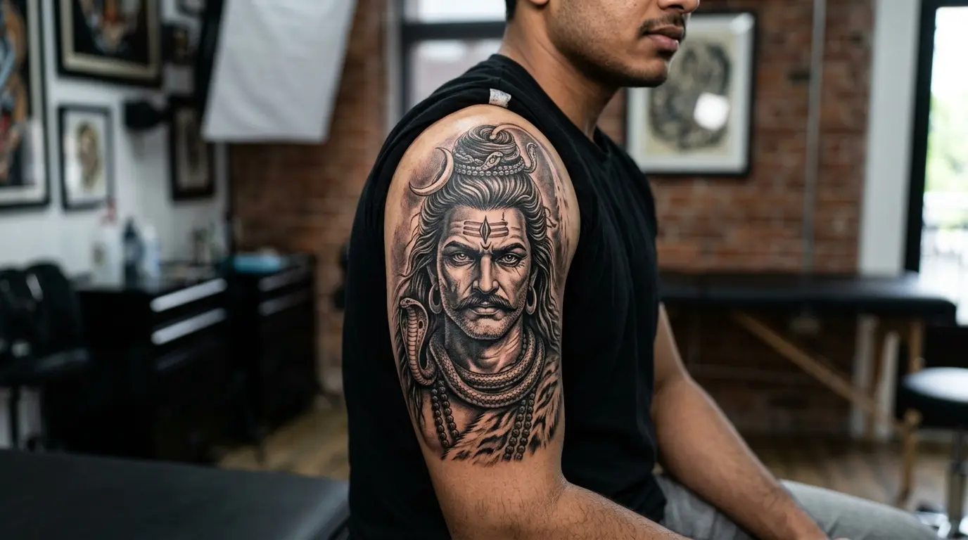 Hyper-realistic black and grey portrait tattoo on upper arm showing photographic detail by Black Poison Tattoo Studio Ahmedabad