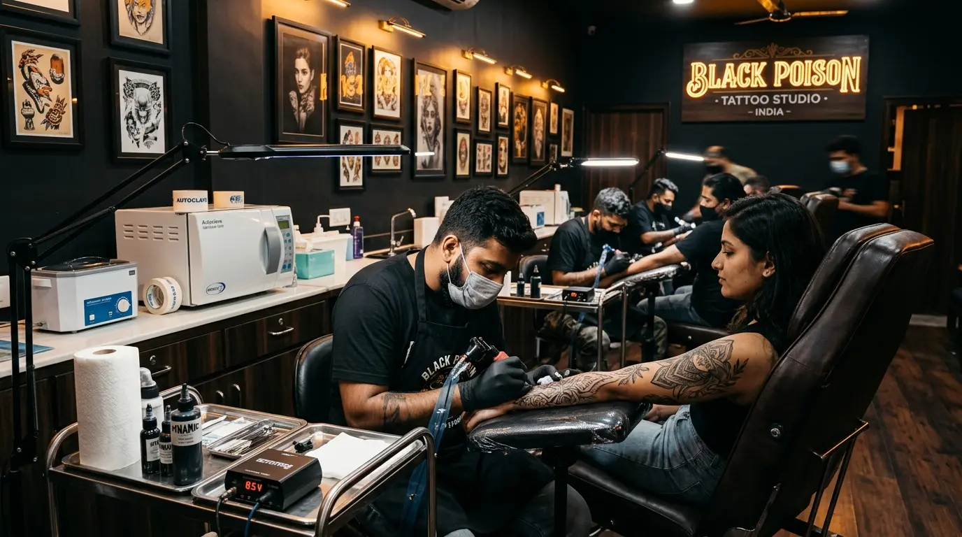Professional tattoo and piercing studio interior at Black Poison Tattoo Studio in Ahmedabad with artists at work