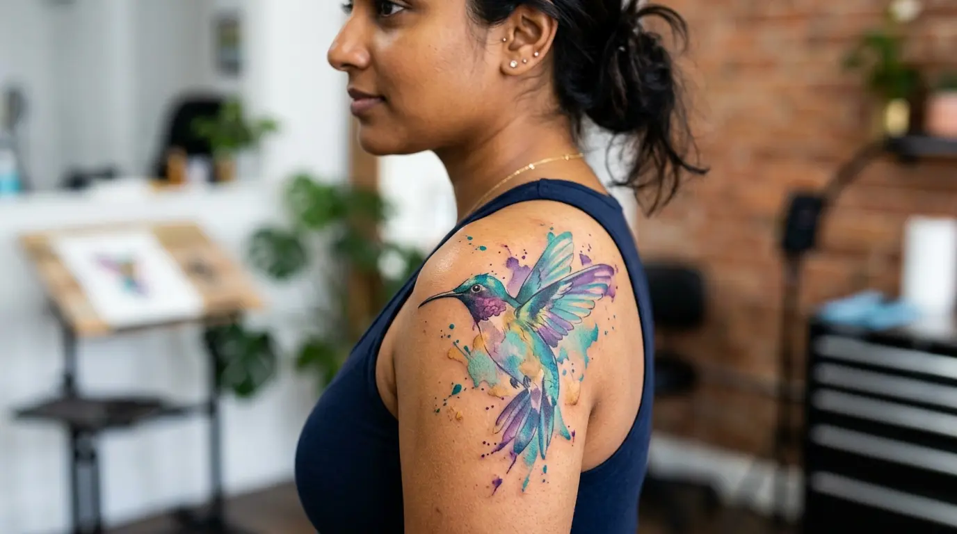 Vibrant watercolor style hummingbird tattoo on shoulder with fluid colour washes and paint splash effects by Black Poison Tattoo Studio Ahmedabad