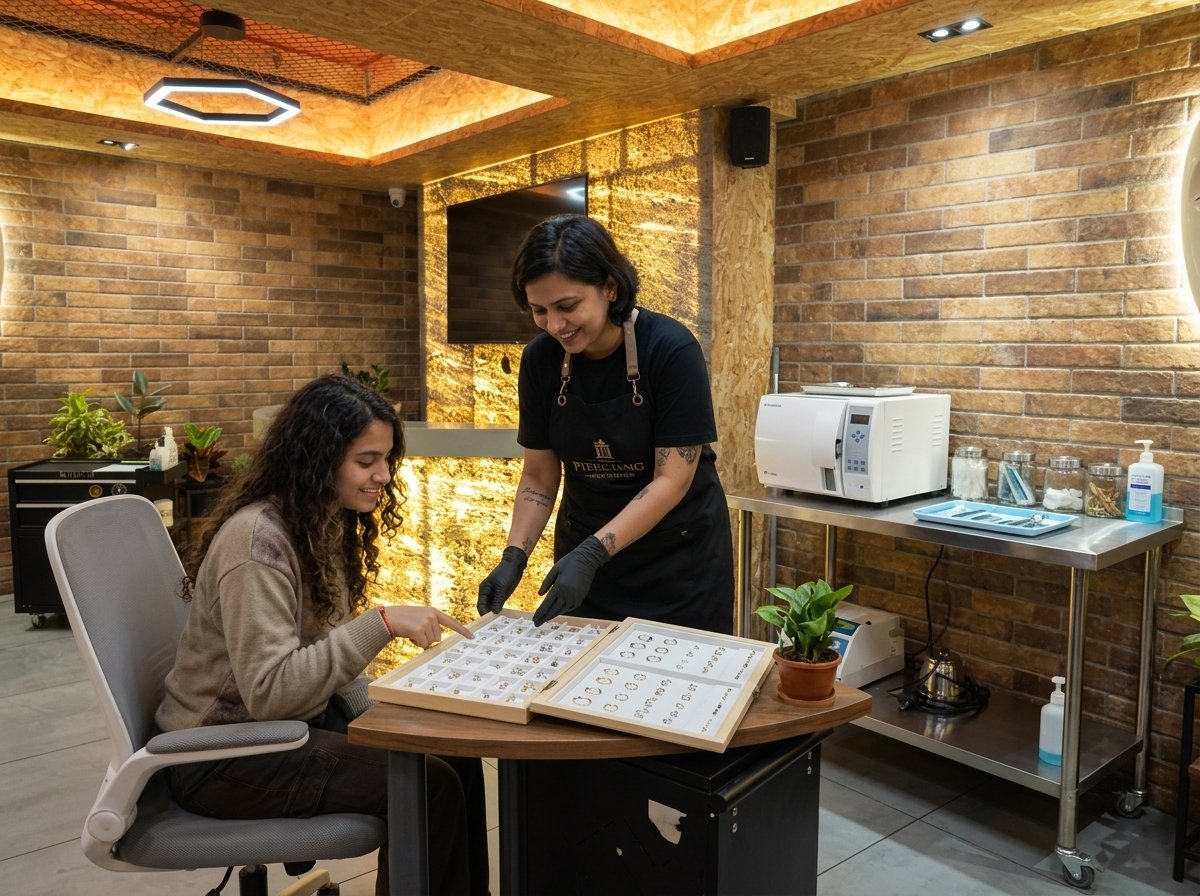 Piercer consulting with a client on jewelry options at Black Poison Tattoo Studio