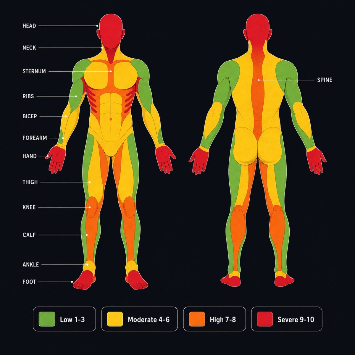 Tattoo Pain Chart Front and Back Body Map Tattoo pain chart showing front and back body maps with pain levels colour coded from low to severe