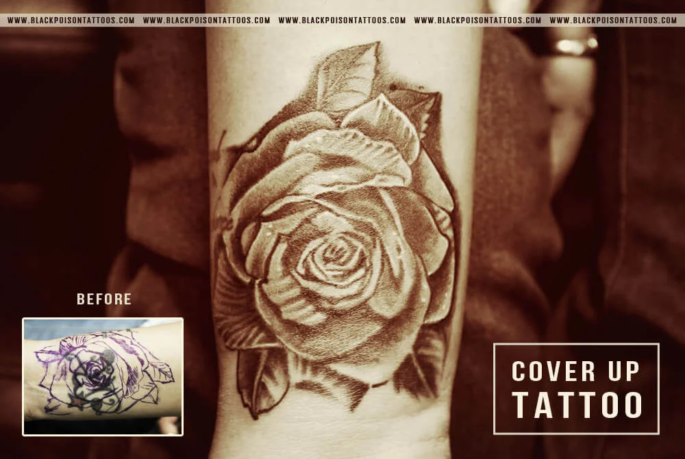 Cover-up tattoo before and after: a faded old rose reworked into a detailed black and grey rose