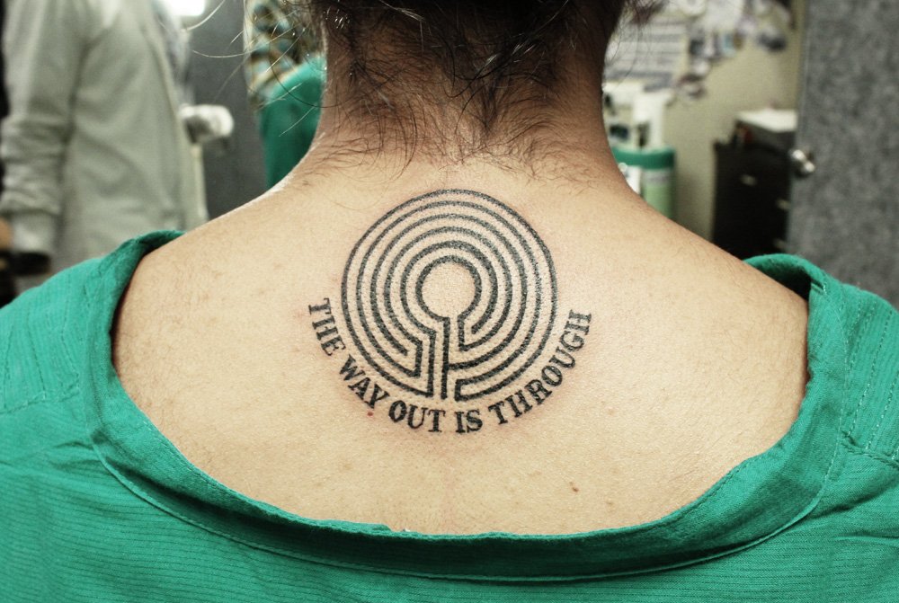 Amazing Maze Tattoo with Quotes - The Way Out is Through Inked By Black Poison Tattoo Studio