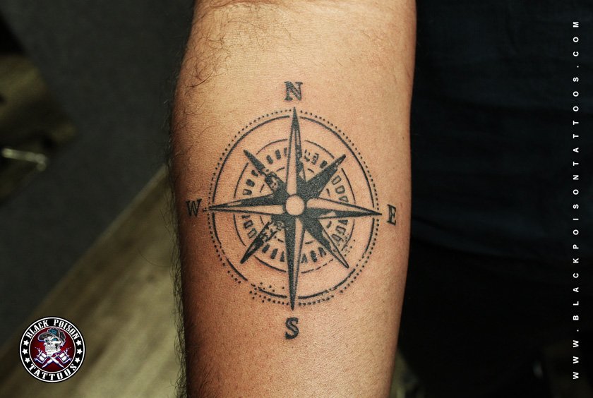 Fine line compass tattoo on the forearm