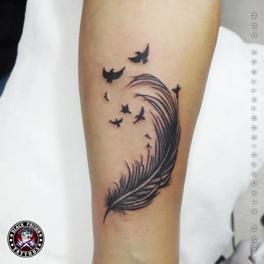 Black and grey feather tattoo dissolving into birds on the upper arm