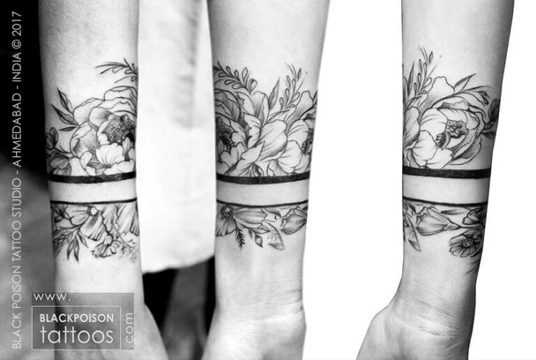 Floral armband tattoo with peonies shown from three angles