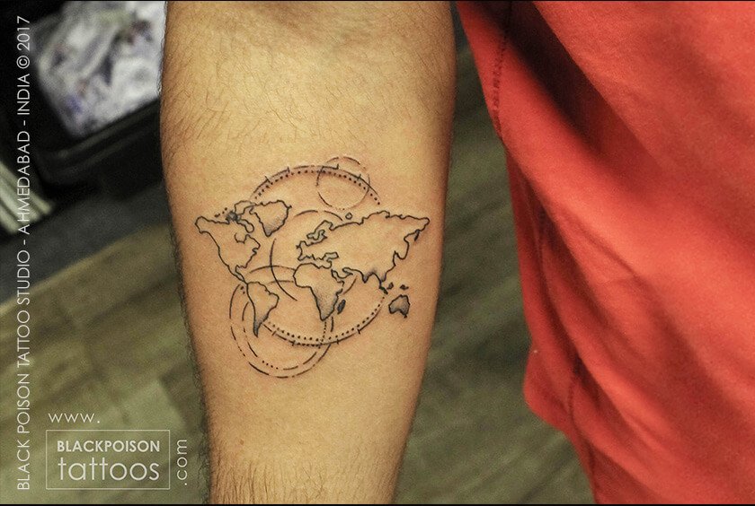 Fine line world map tattoo on the forearm