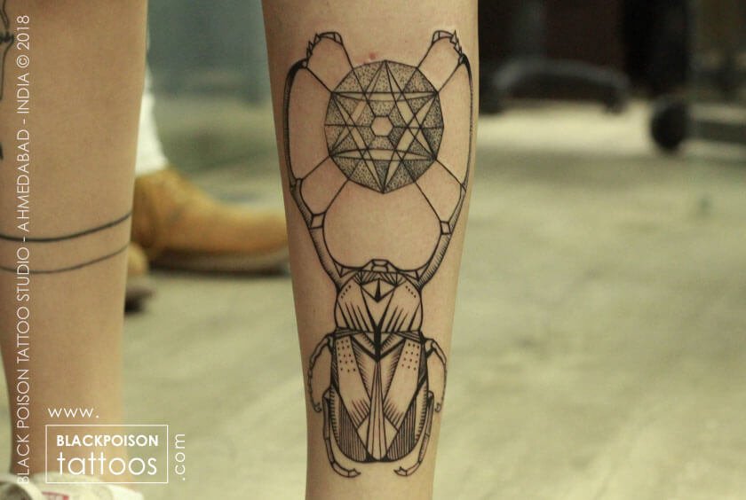 Geometric sacred geometry line work tattoo on the calf